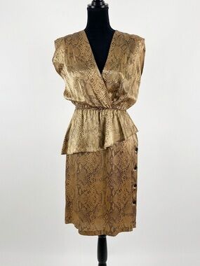 VTG 80s How Sweet It Is Snake Print Peplum Dress Faux Wrap Midi M/L Acetate